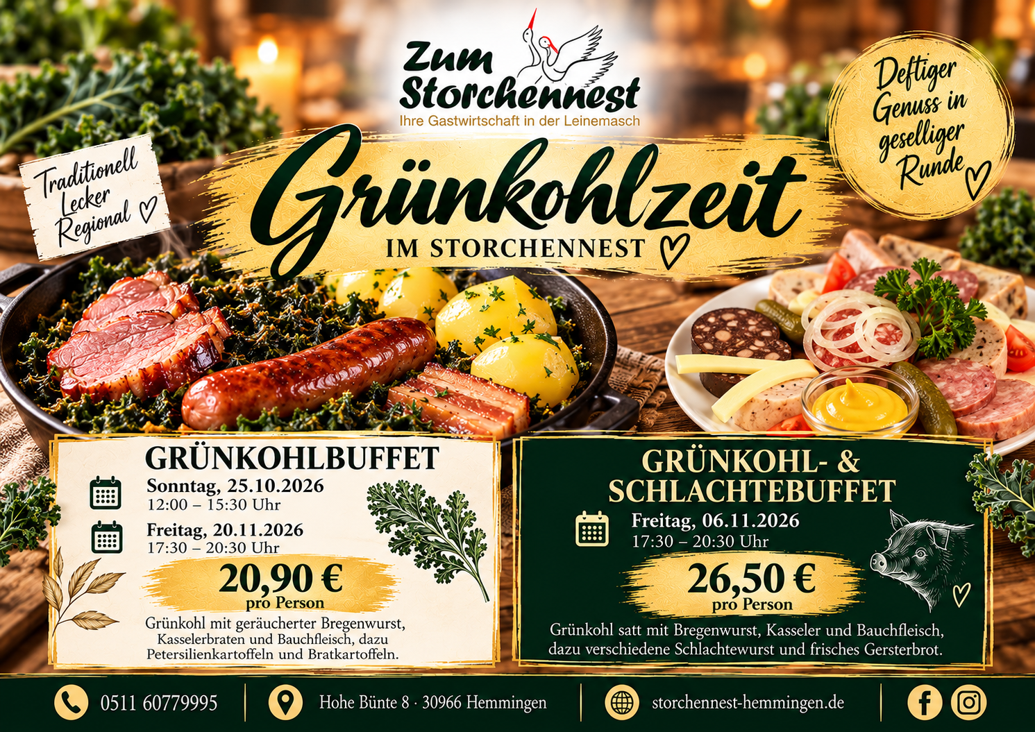 Grünkohl mit Bregenwurst, Kasseler und Kartoffeln im Storchennest Hemmingen