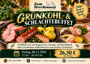 Grünkohl- und Schlachtebuffet mit Bregenwurst, Kasseler und Kartoffeln im Storchennest Hemmingen