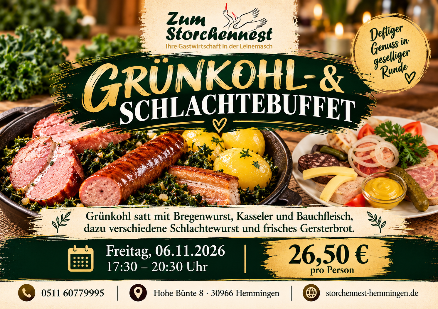 Grünkohl- und Schlachtebuffet mit Bregenwurst, Kasseler und Kartoffeln im Storchennest Hemmingen