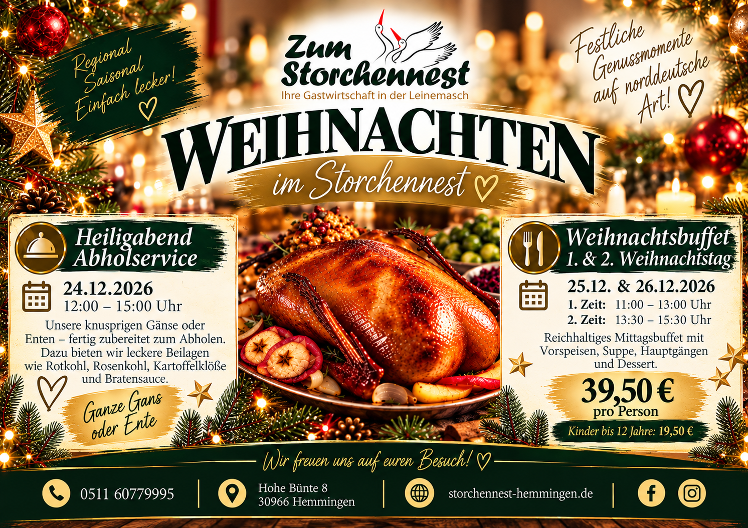 Weihnachten im Storchennest Hemmingen – Weihnachtsbuffet und Abholservice an Heiligabend