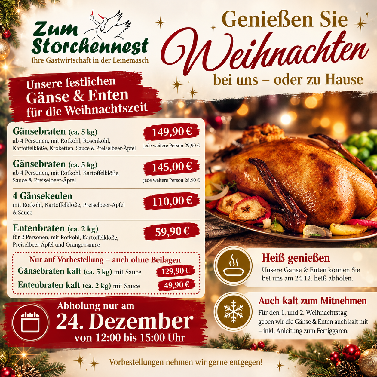 Gänse- & Entengenuss zur Weihnachtszeit im Zum Storchennest